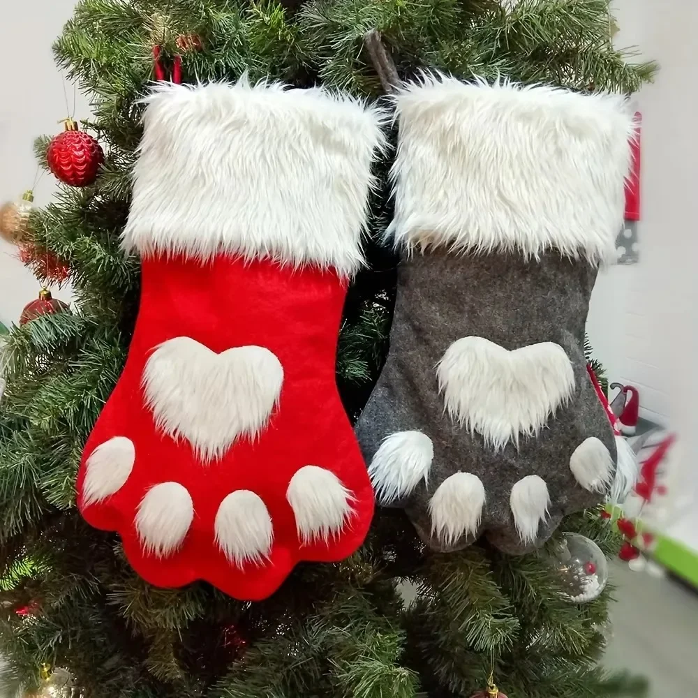 Christmas Stocking Hanging - Christmas Stockings Paw Print Faux Fur